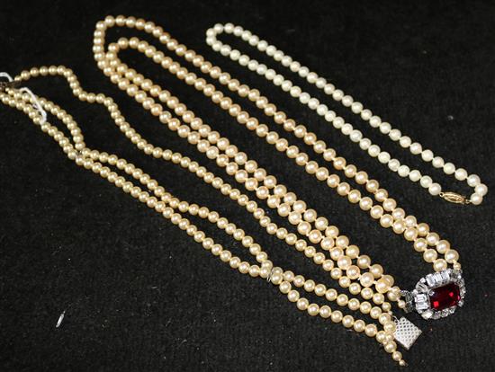 A cultured pearl necklace and 2 other necklaces